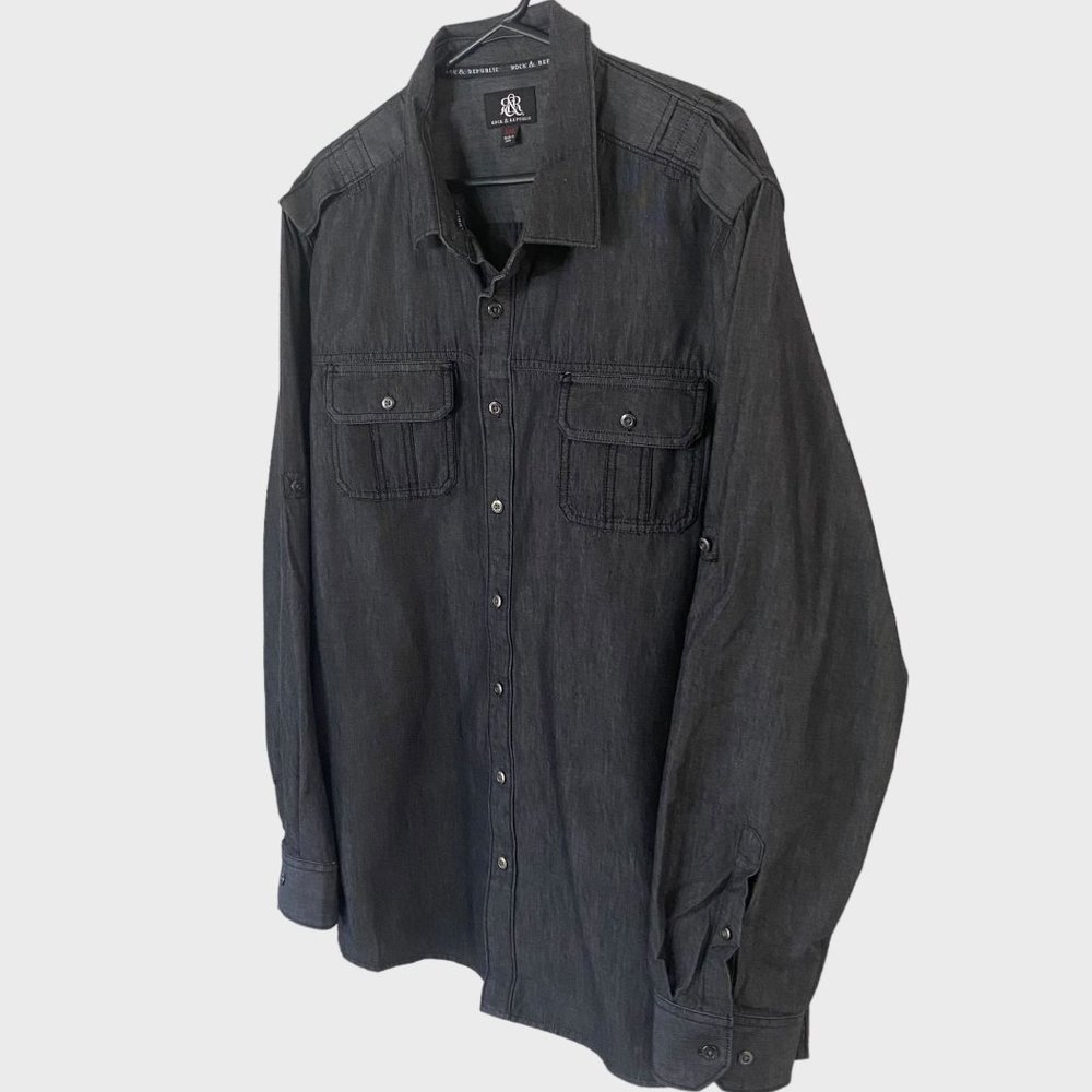 Rock & Republic Button-Up Shirt Mens XXL Dark Gray Denim Casual Long Sleeve - Picture 2 of 15